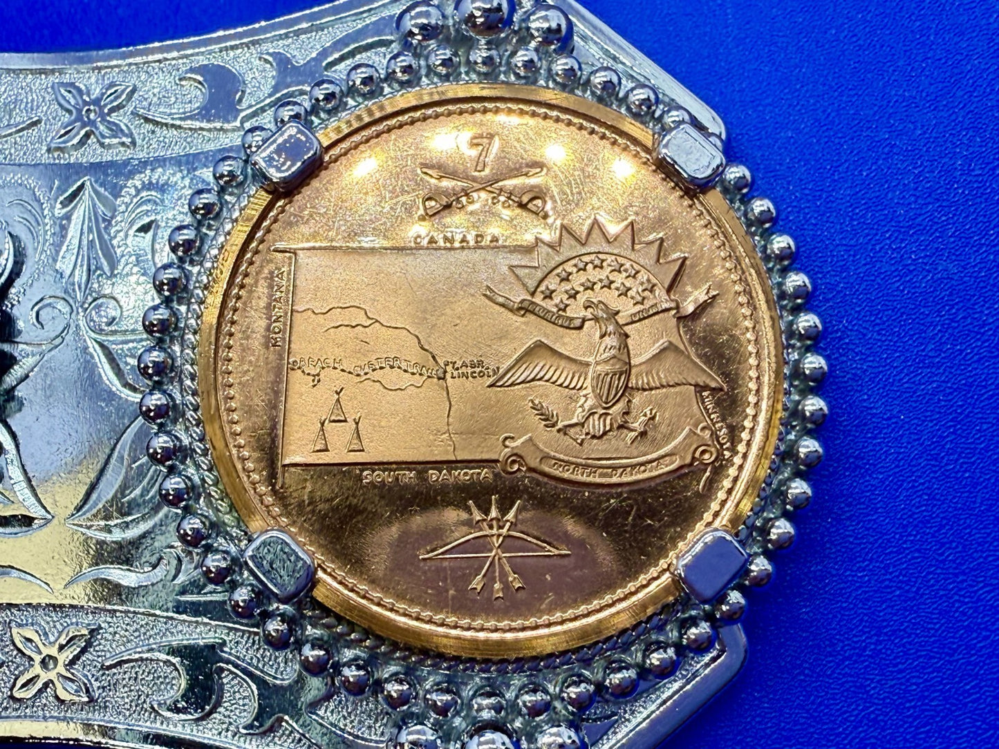 Two Seventh Cavalry Tokens Medallions in Dual Coin Collectors Belt Buckle