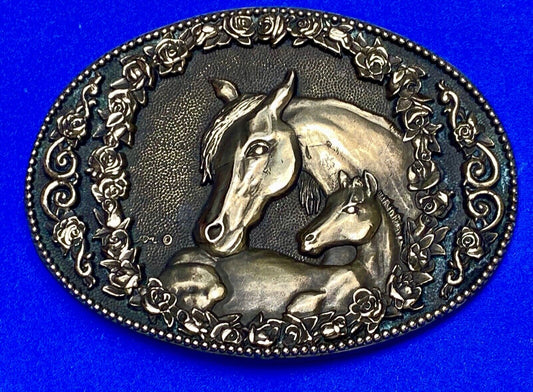 Two horse heads First addition brass belt buckle by Award Design Medals