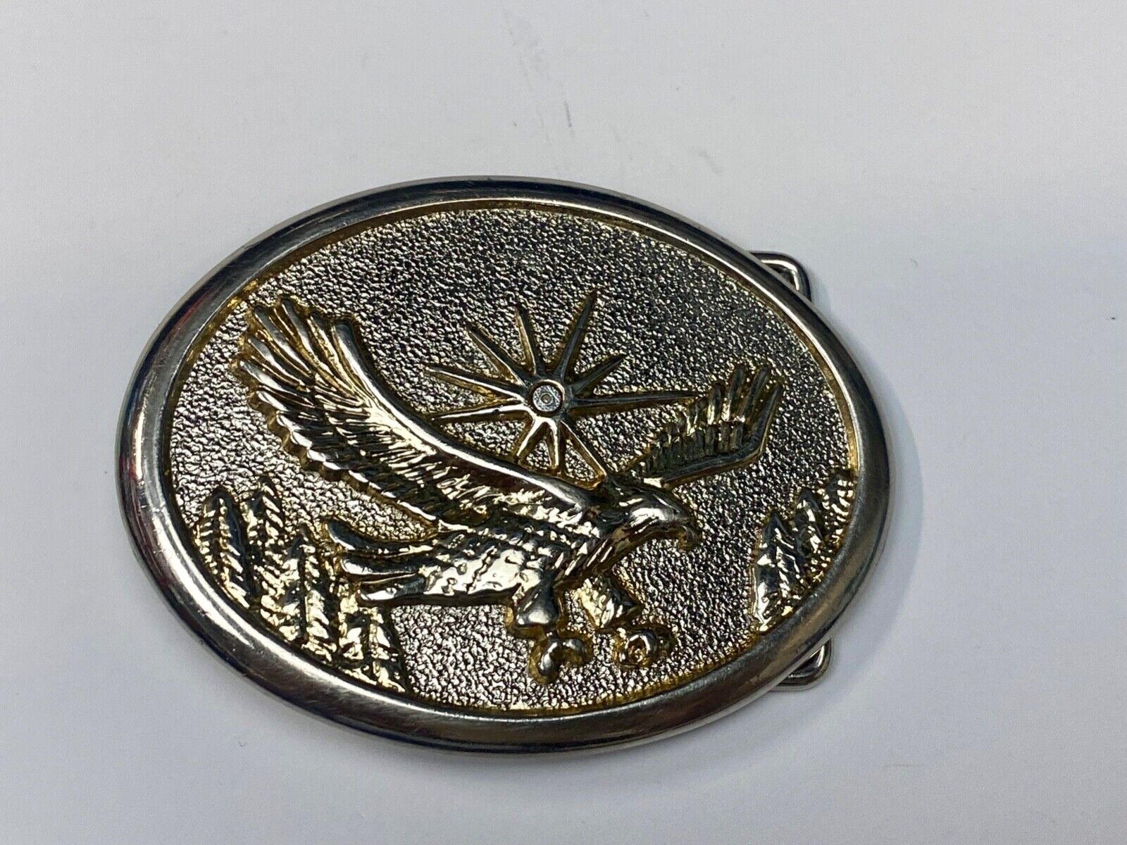 Vintage Eagle Flying Over Mountains With Sunburst two tone belt buckle