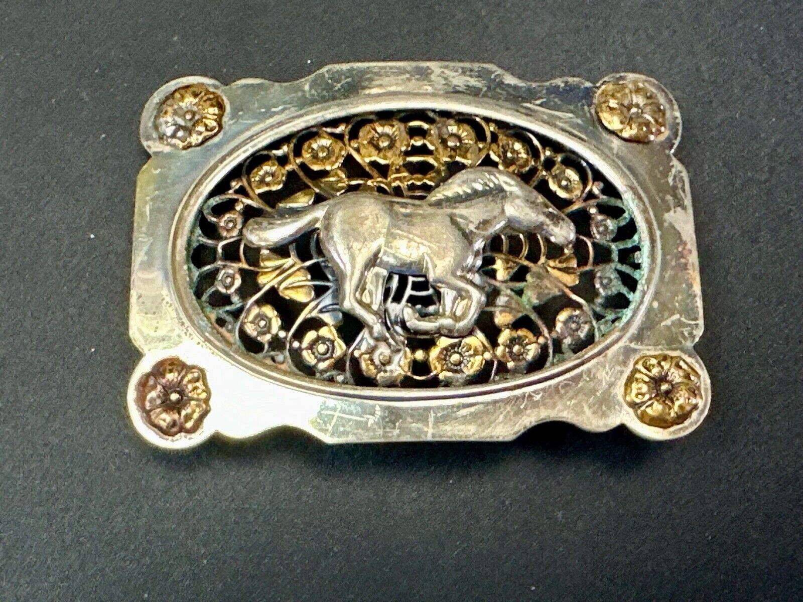 Unique Running Horse in ornate cutout see through vintage two tone belt buckle