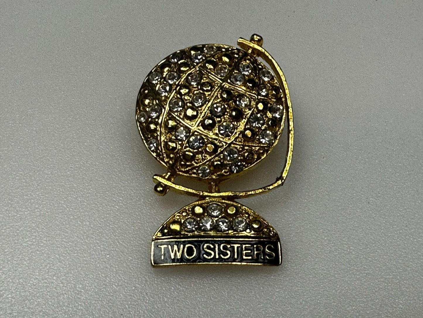 Two Sisters - Globe Covered with Rhinestone's Vintage Gold Tone Brooch Pin