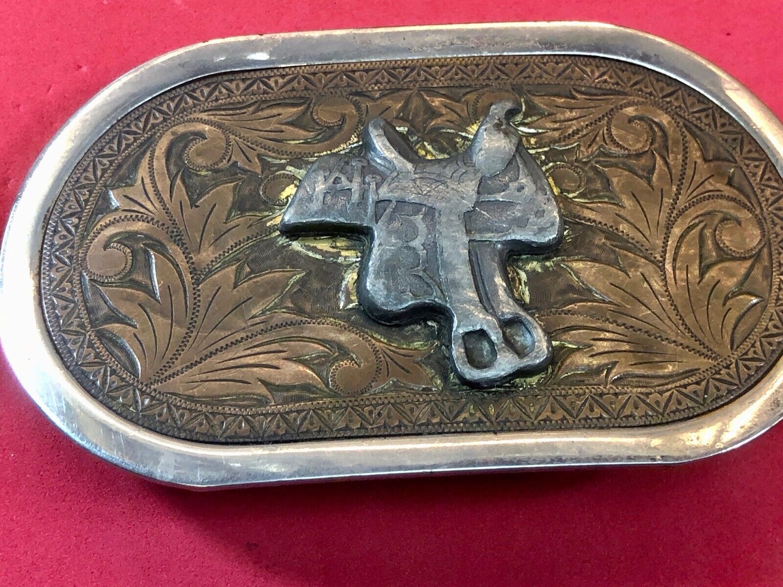 Vintage Horse saddle western belt buckle Nickel plate 