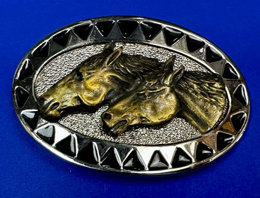 Two Horse Head -  Vintage two tone oval Belt Buckle with black arrow boarder