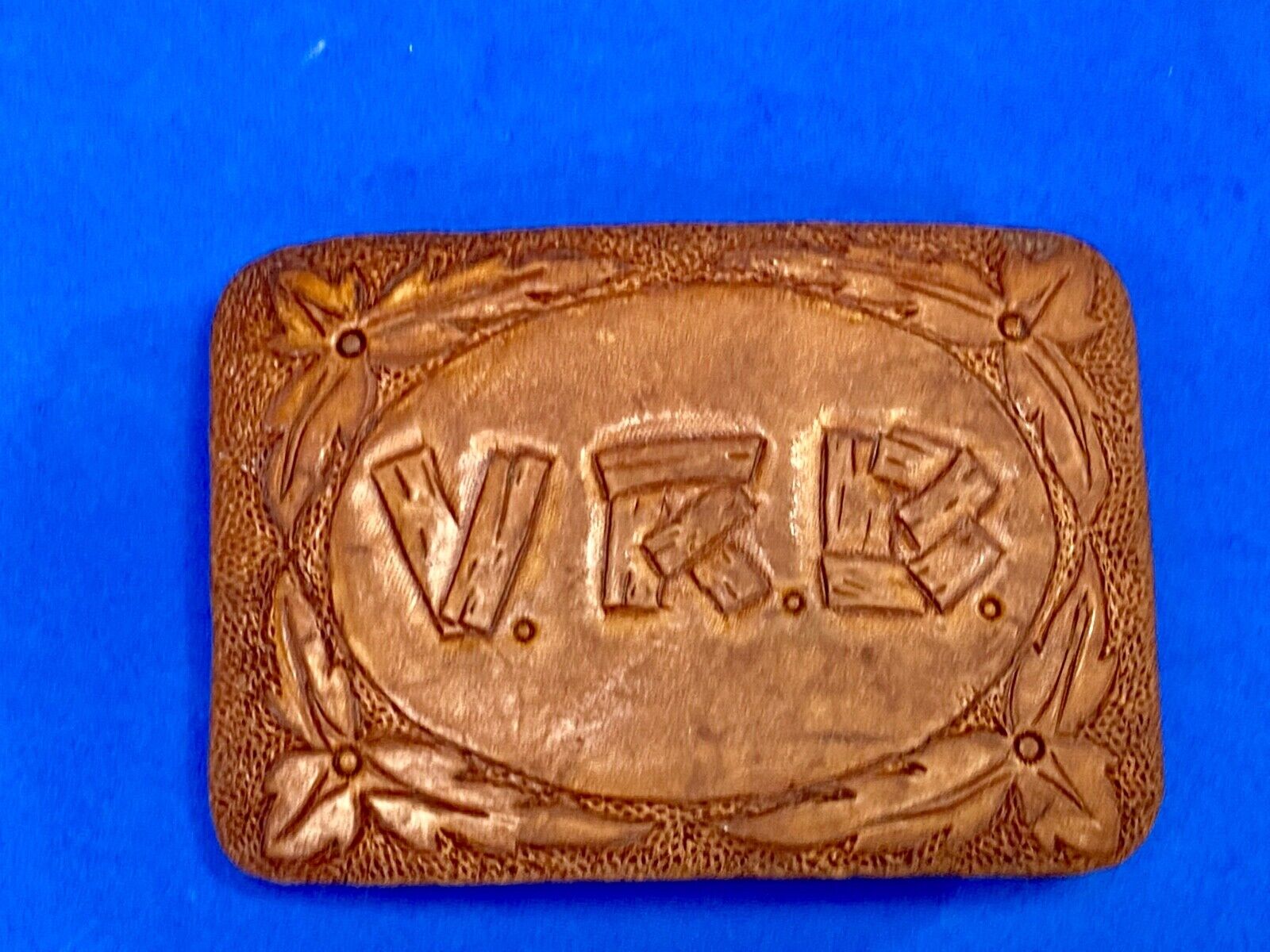 Vintage Initials Letters Vrb Log Style On Leather And Brass Belt Buckle 