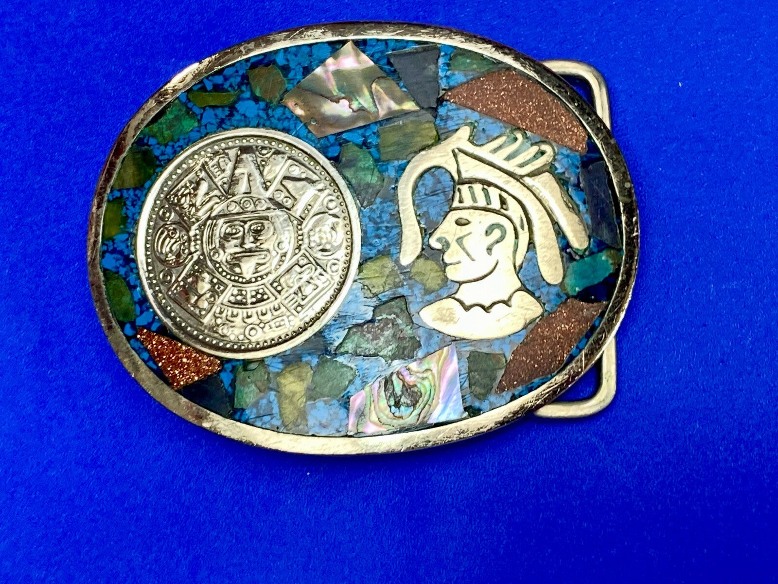 Aztec Mayan Calendar Coin Turquoise Inlay Mexico Sterling Silver Belt Buckle