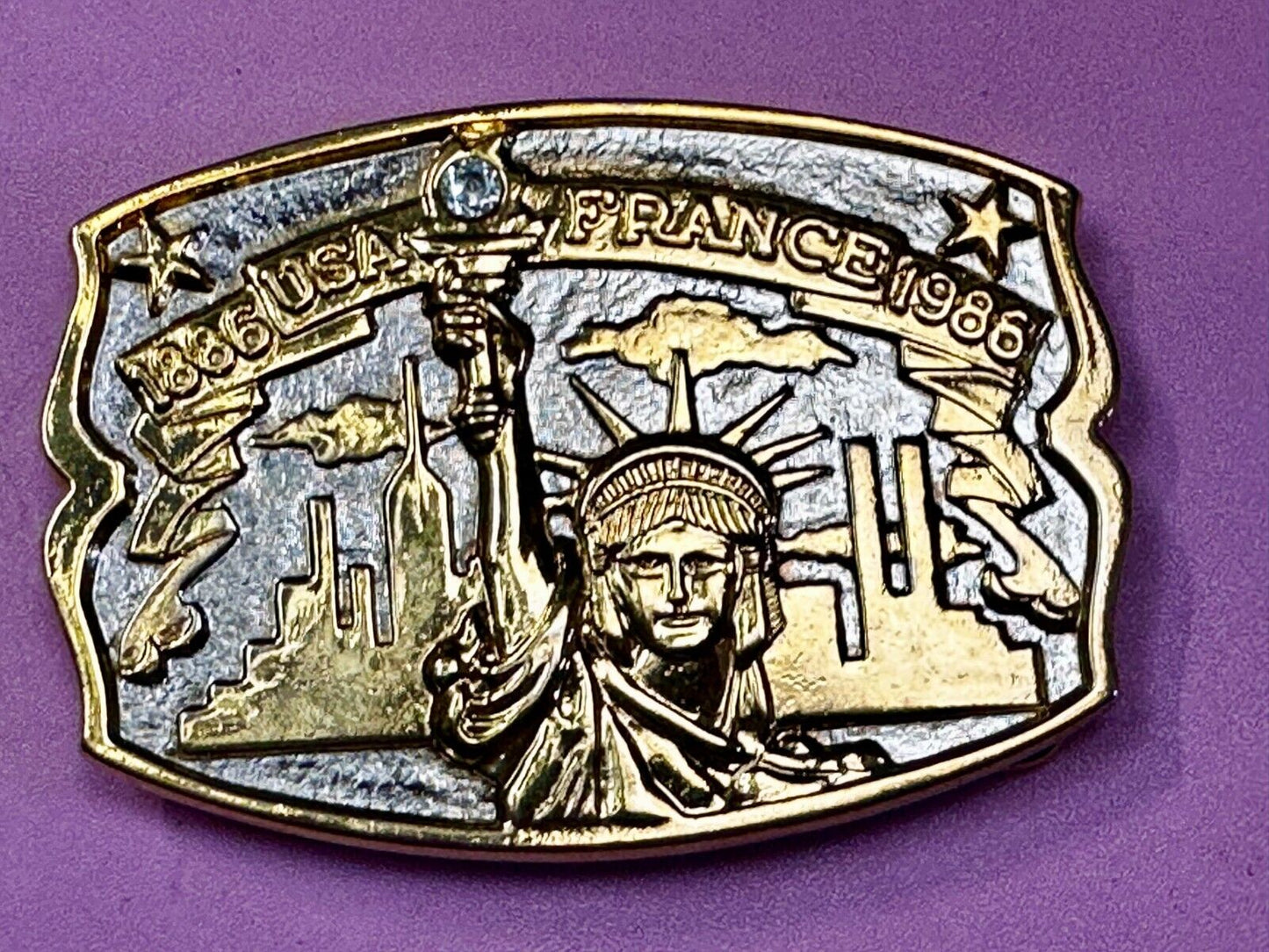 USA France Lady Liberty Statue Commemorative two tone Hammond Mint Belt Buckle