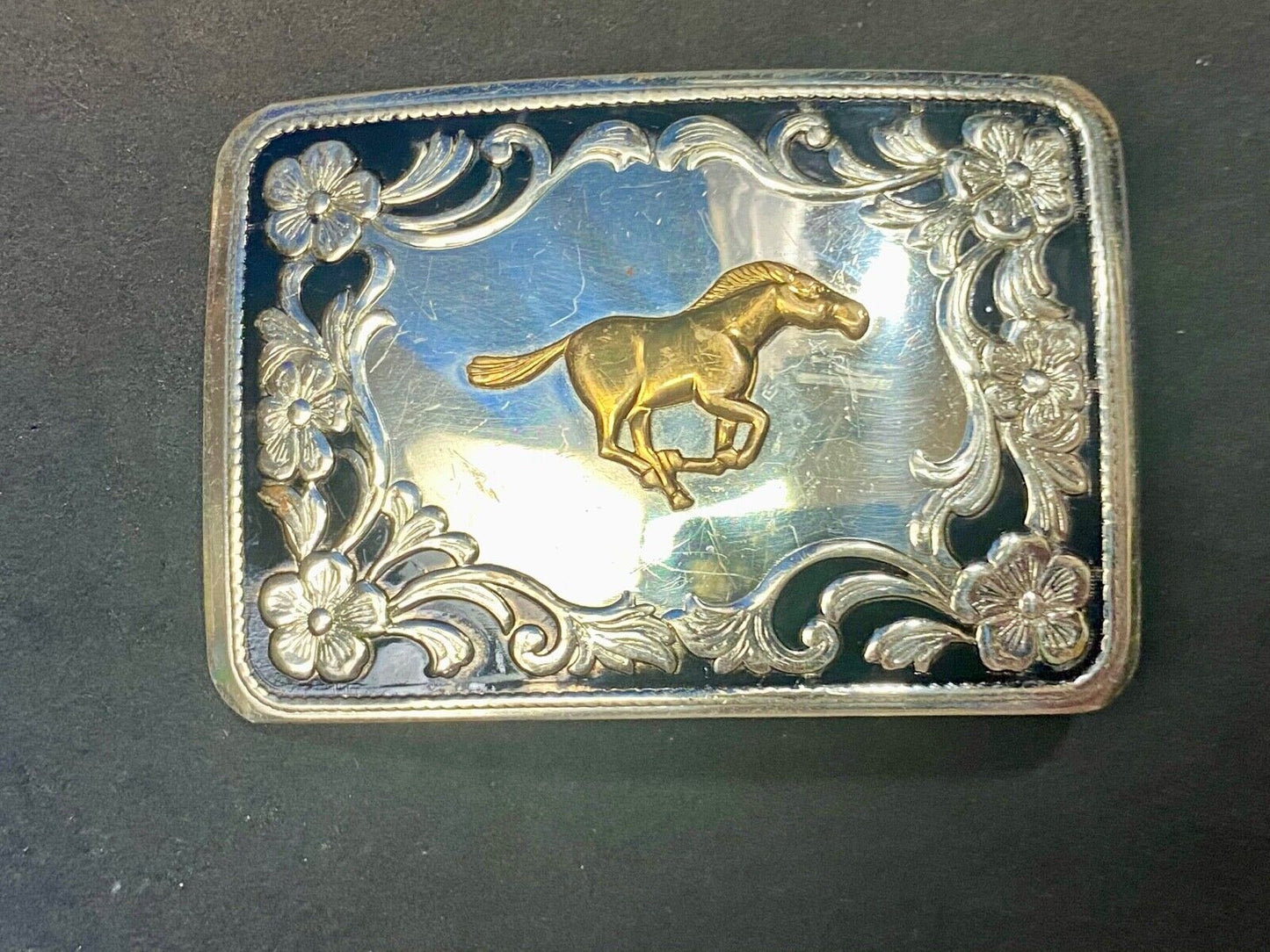 Antique Horse western Nickle Silver and black paint flower swirl belt buckle 