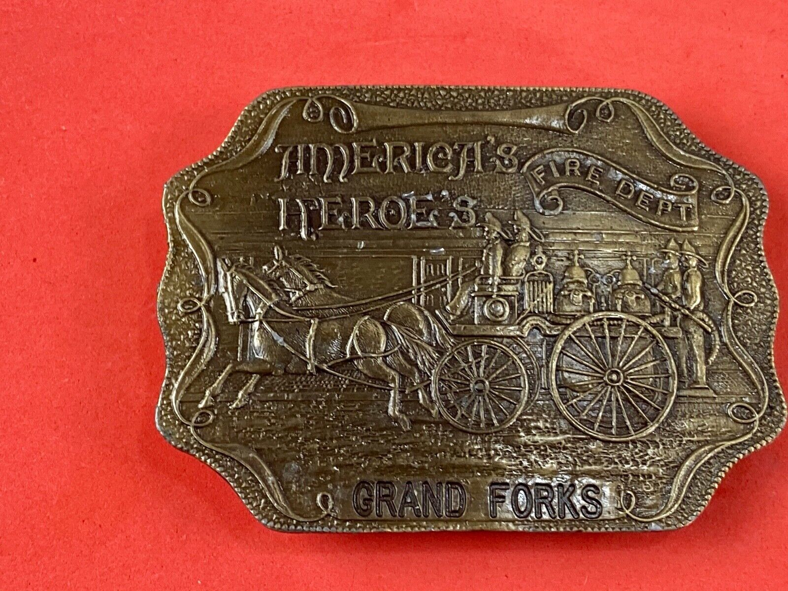 America’s Heroes FIRE DEPT Grand FORKS Fire Fighters belt buckle bottle opener