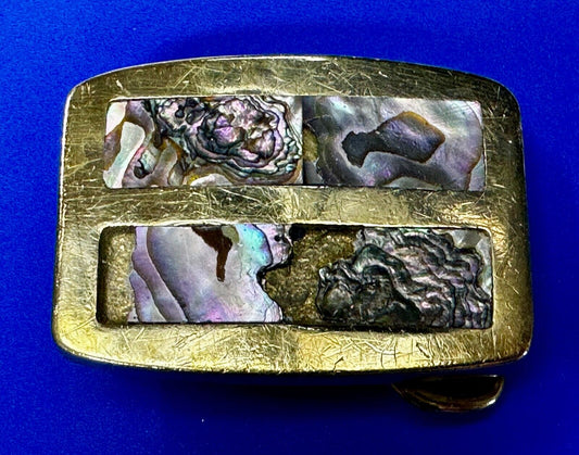 Alabone Shell  Inlay Hippy Boho Style Small Solid Brass Belt Buckle