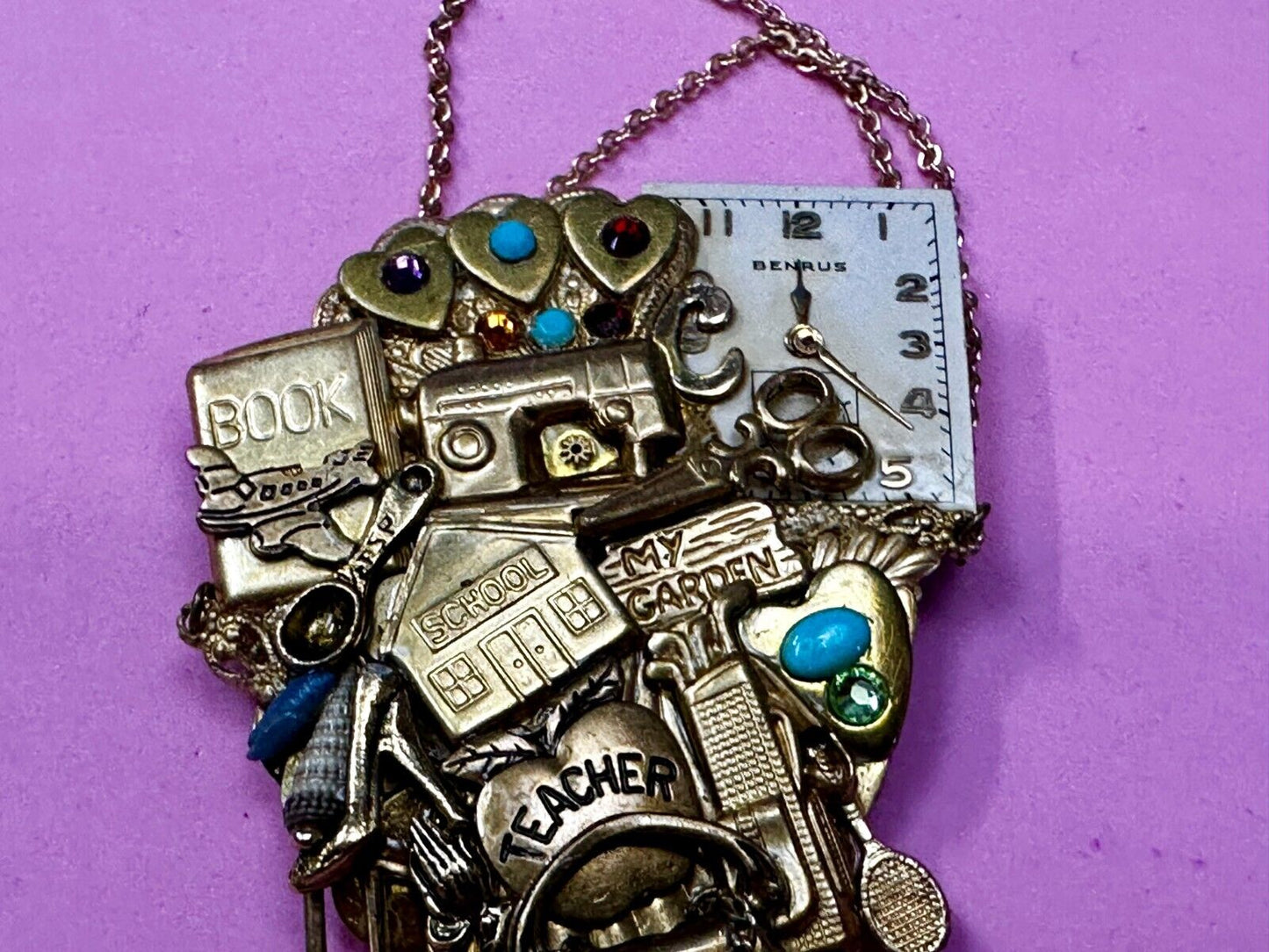 Teacher School Book My Garden Artisan Chain Charm Gold Tone Brooch Pin 2006