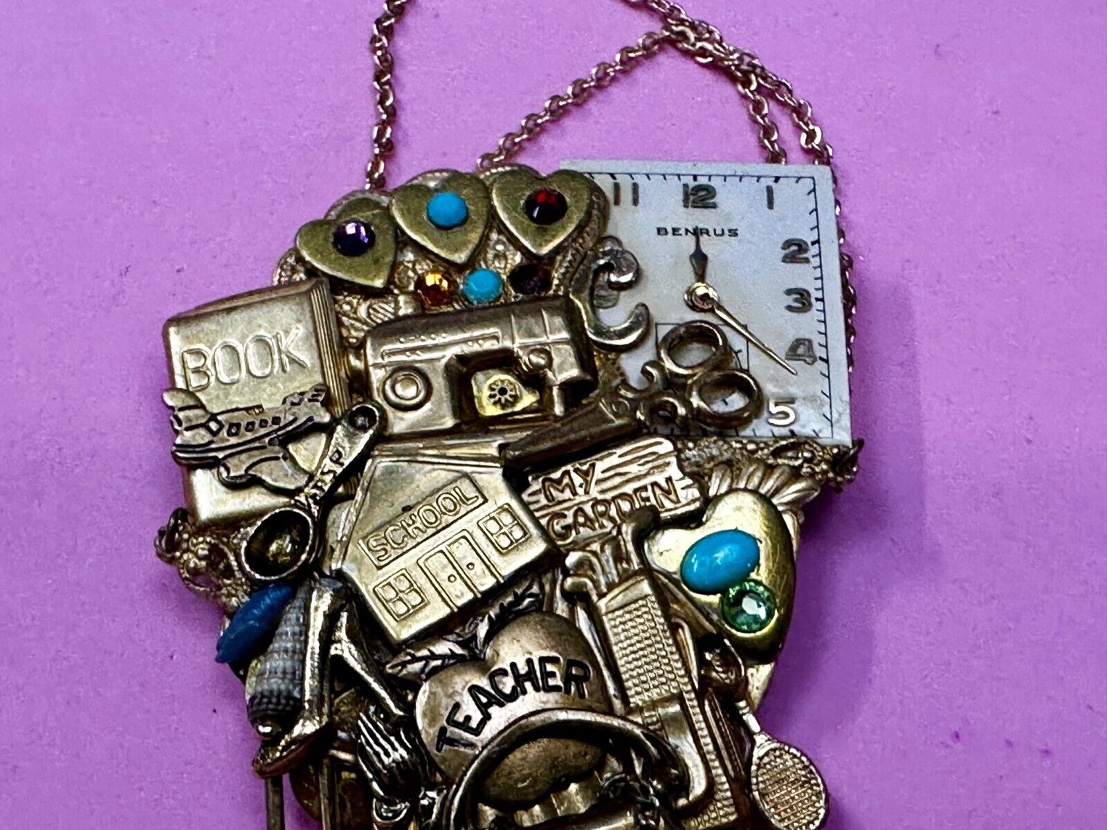 Teacher School Book My Garden Artisan Chain Charm Gold Tone Brooch Pin 2006
