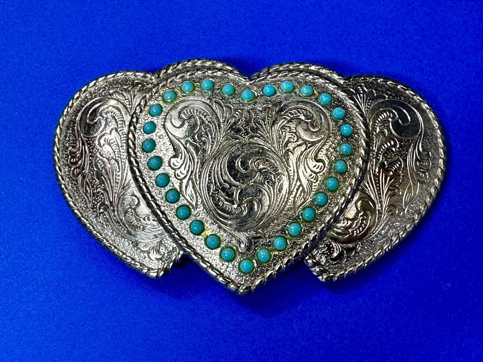 Triple 3 Hearts - Turquoise Colored Accented Or Outlined Three Heart Belt Buckle