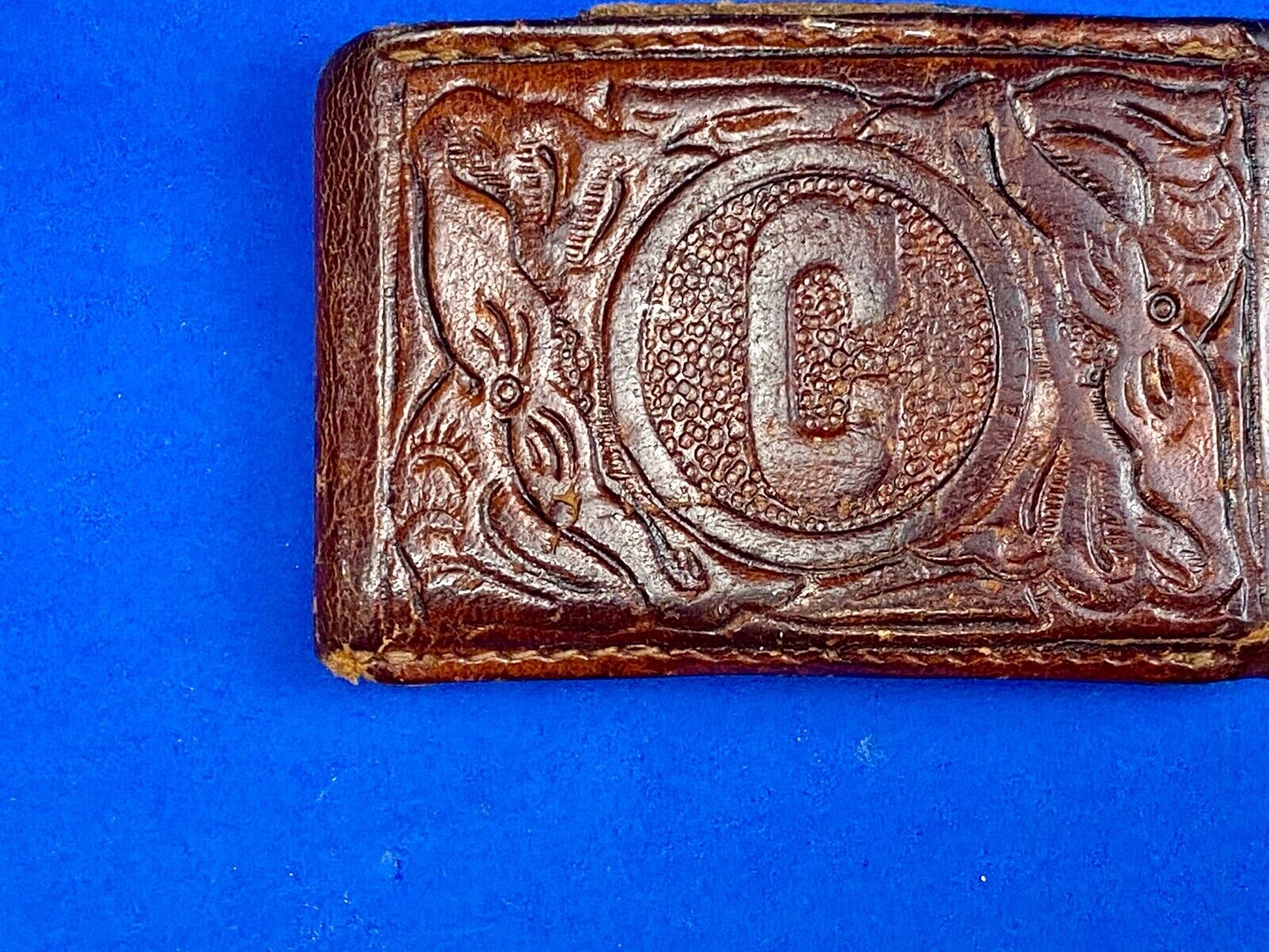 Vintage Leather stitched initial letter monogram C belt buckle 
