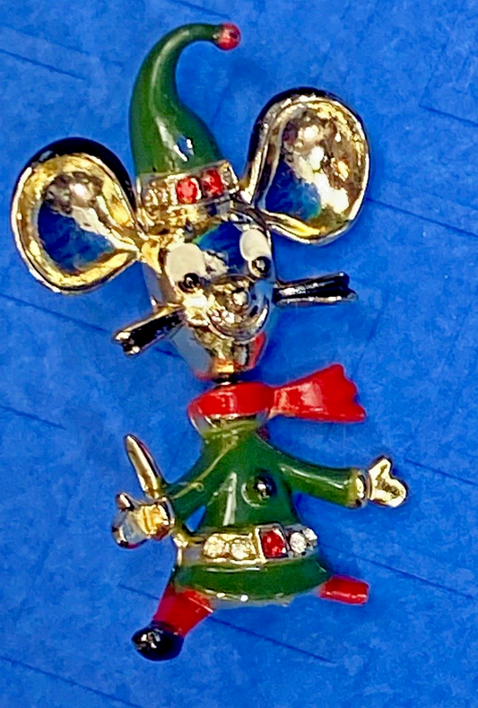 Vintage Jumping Mouse Brooch Pin by BEATRICE Red Green Enamel on GP Signed BJ