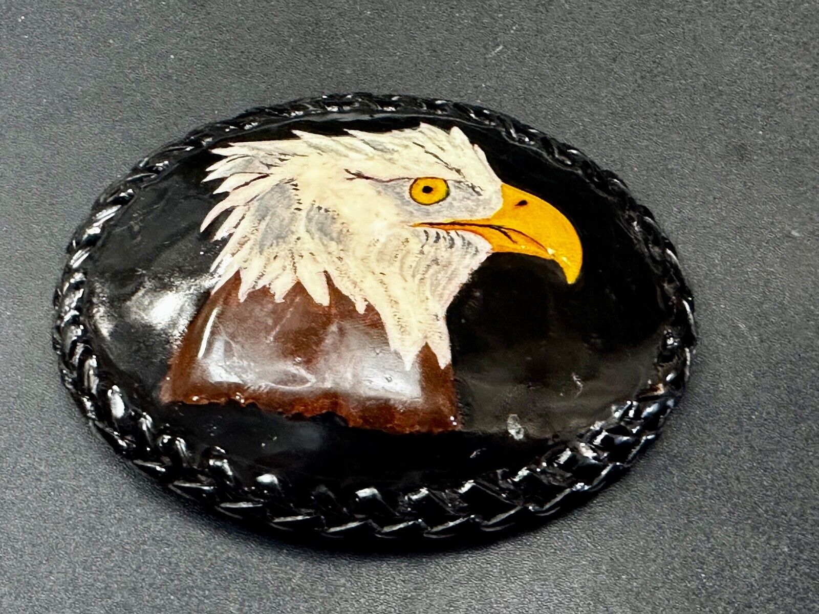American Bald Eagle Vintage Patriotic USA Dark Leather hand stitched Belt Buckle