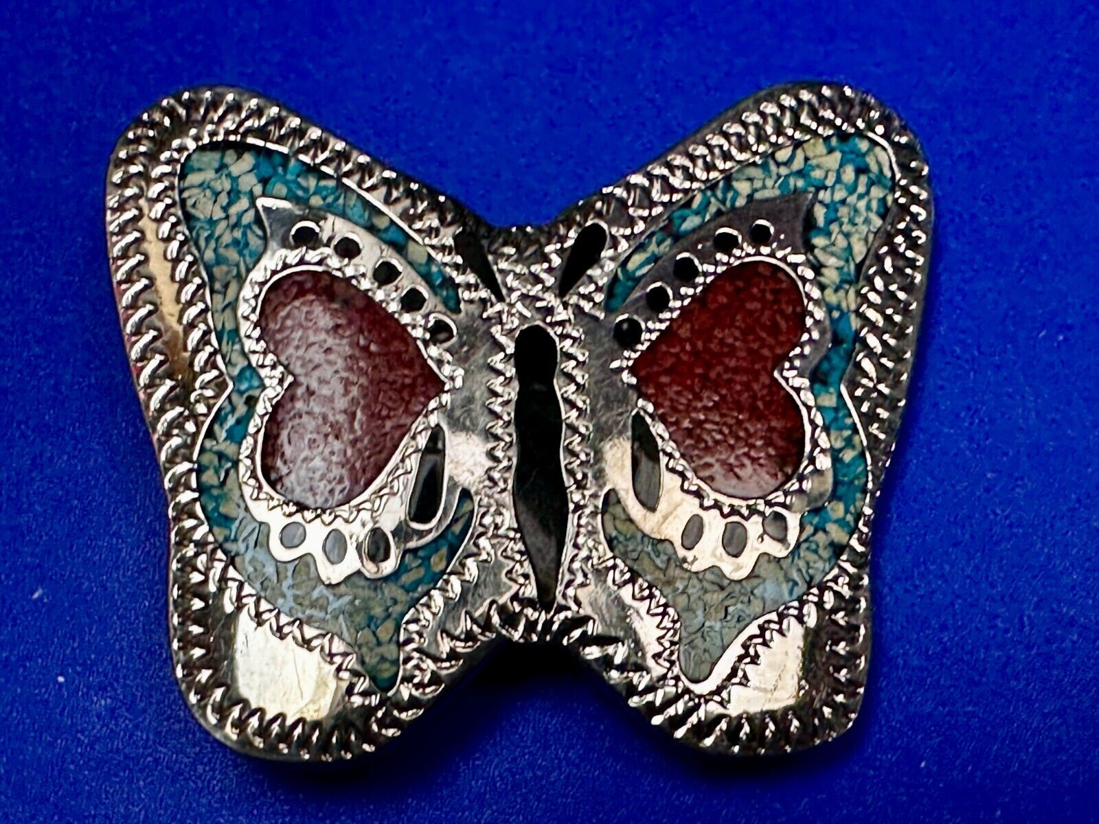 Beautiful Butterfly Figural Turquoise Coral Chips Inlay Cutout 3" Belt Buckle