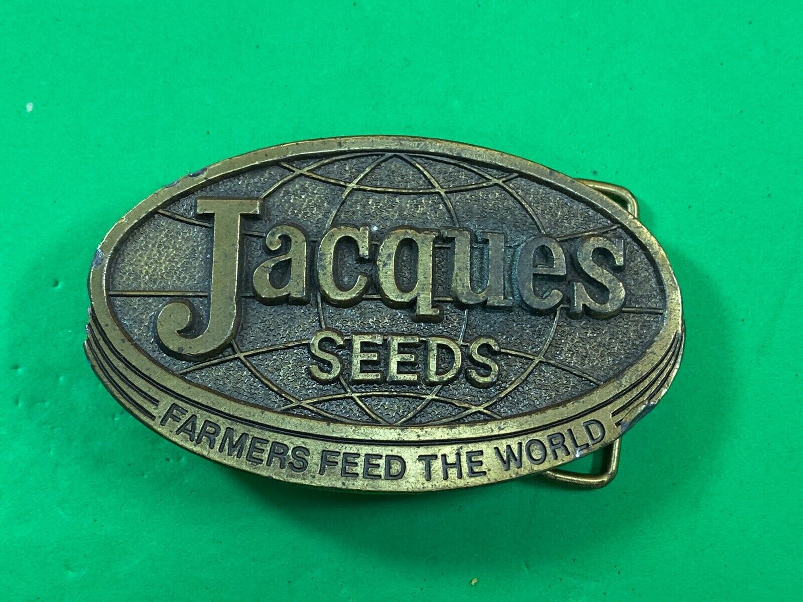 Vintage 1977 Jacques Seeds belt buckle  -  Farmers feed the world by lewis 