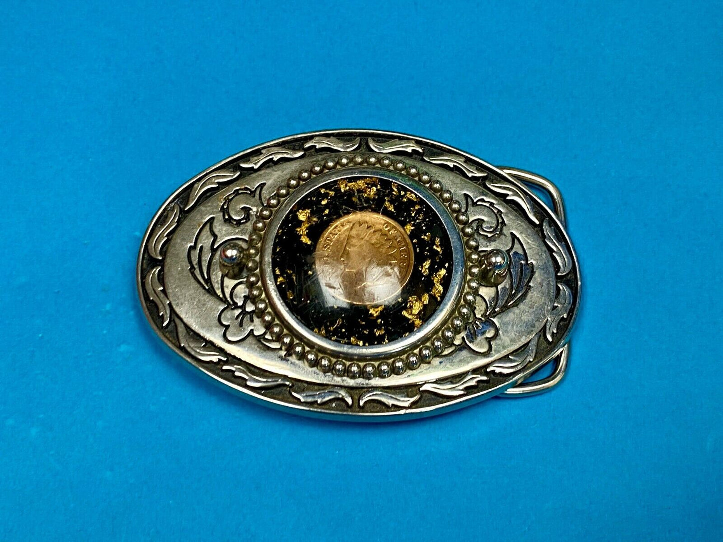 1887 Indian Head Penny Enclosed In Ornate Western Oval Belt Buckle