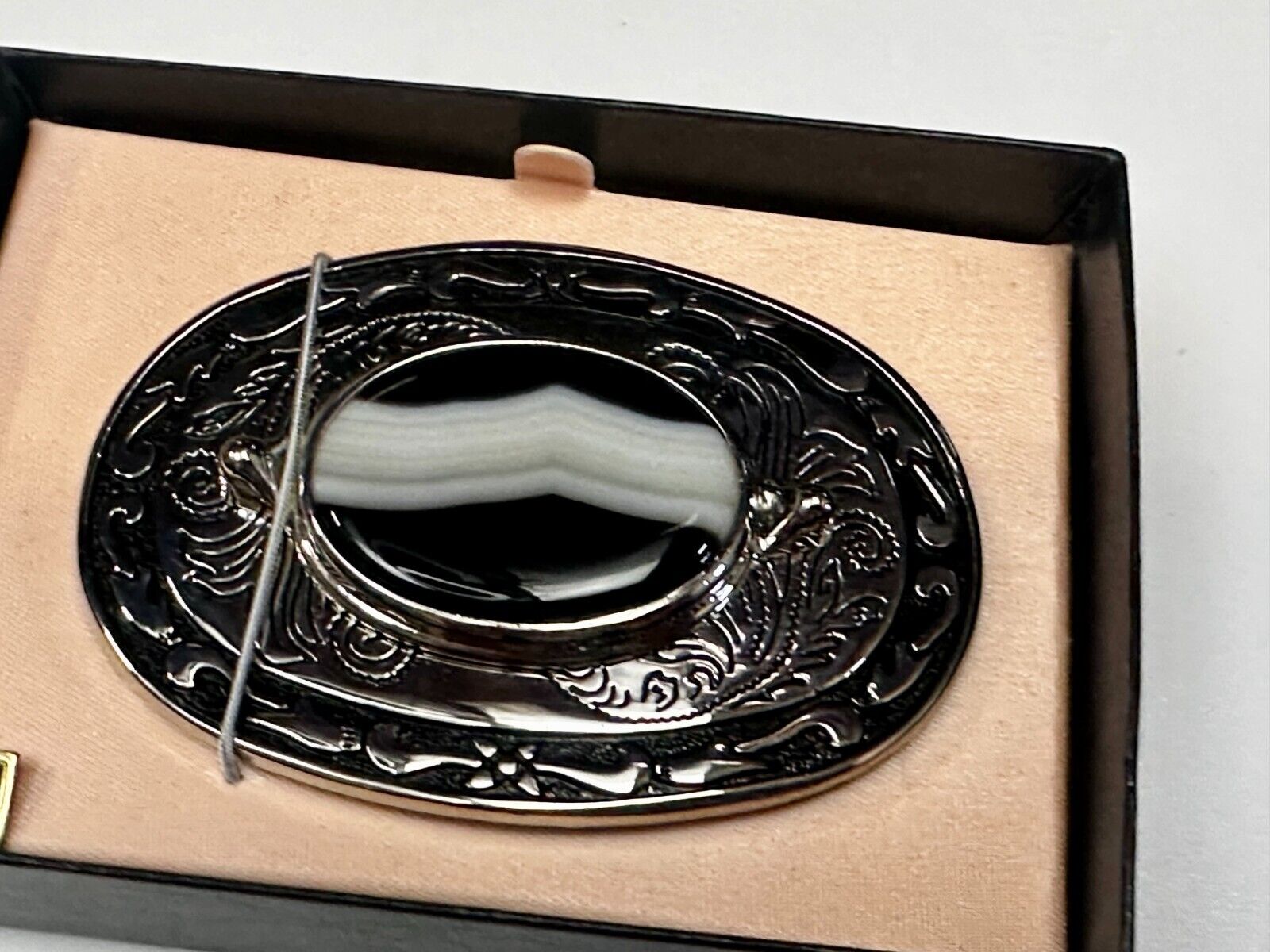Black & White Onyx Cabochon Cab Stone Mounted In Vintage NOS Ornate Belt Buckle