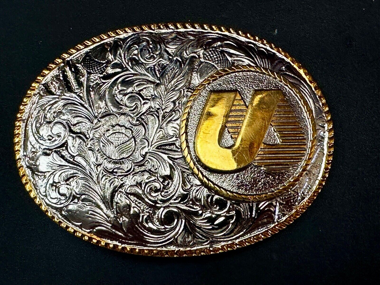 UA Company Logo Floral Flower Design Gold & Silver Tone Vintage Belt Buckle