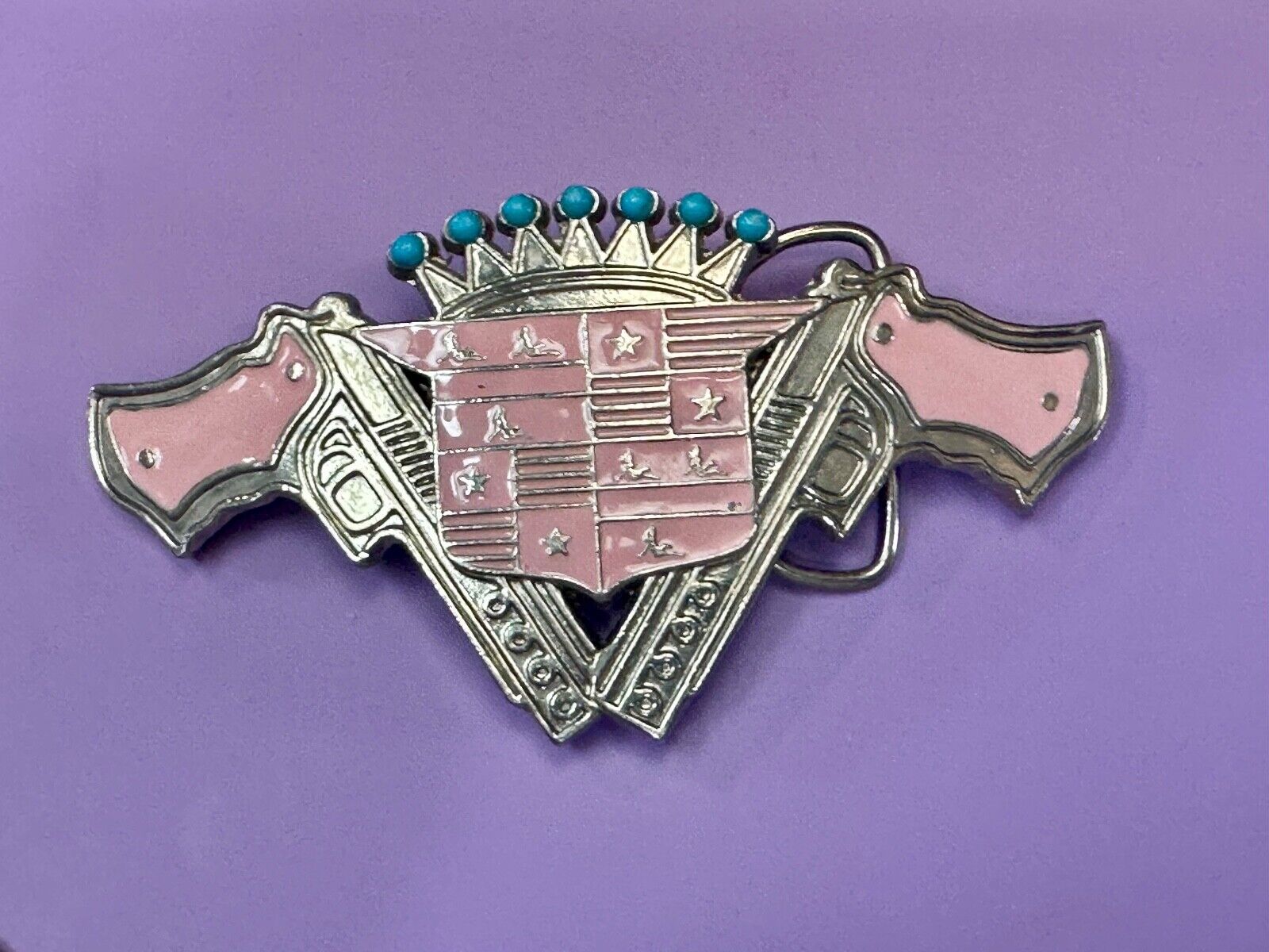 90's Pink Guns Cadillac Crown Blue crown tips LARGE cutout Belt Buckle 187 Inc