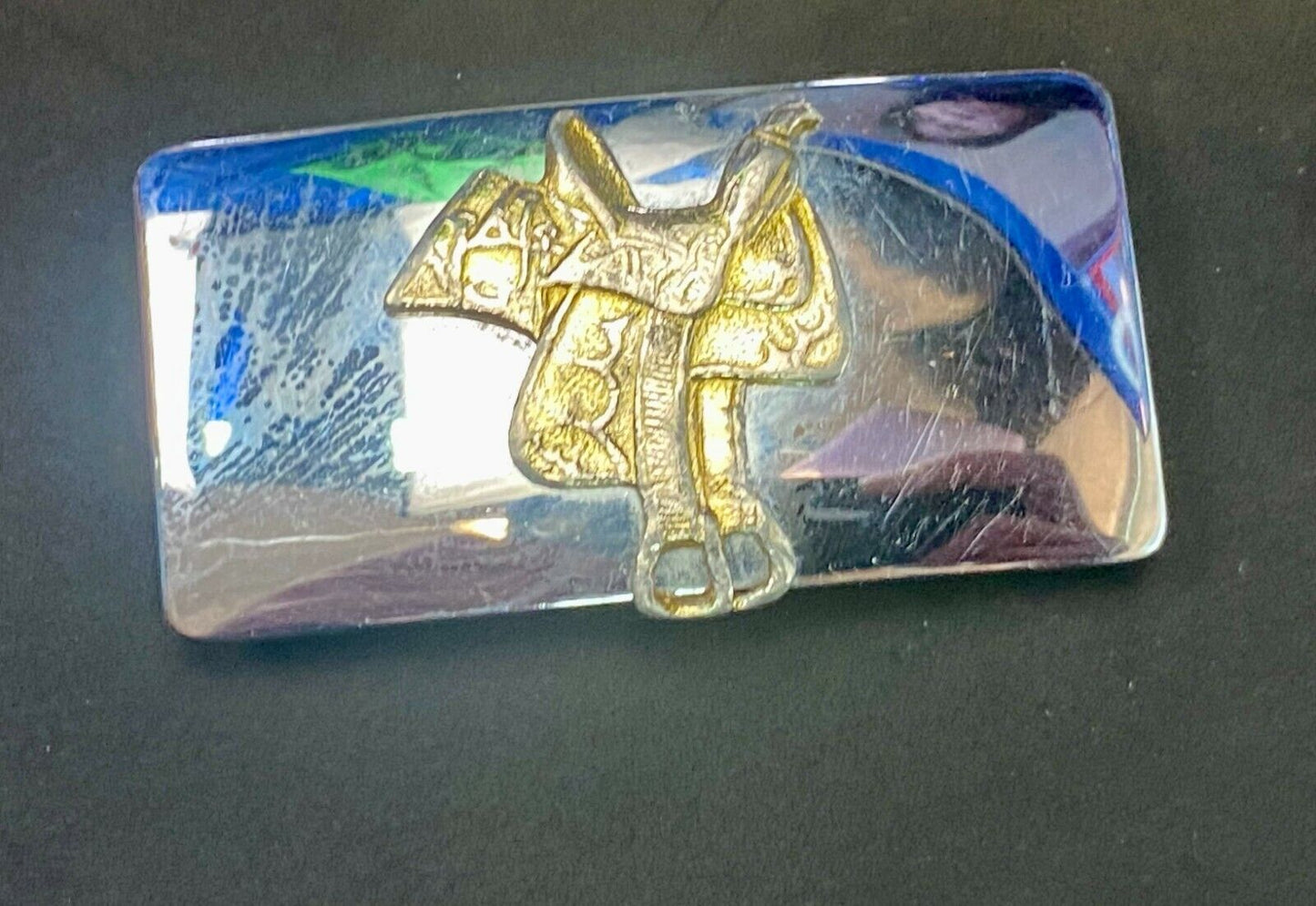 Usa Made Horse Saddle On Vintage Mixed Material Cowboy Belt Buckle