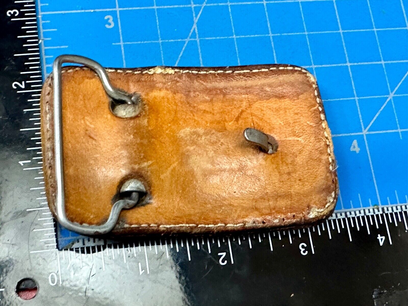 Unique Calf? Cow? Goat? Vintage brown leather stitched Belt Buckle