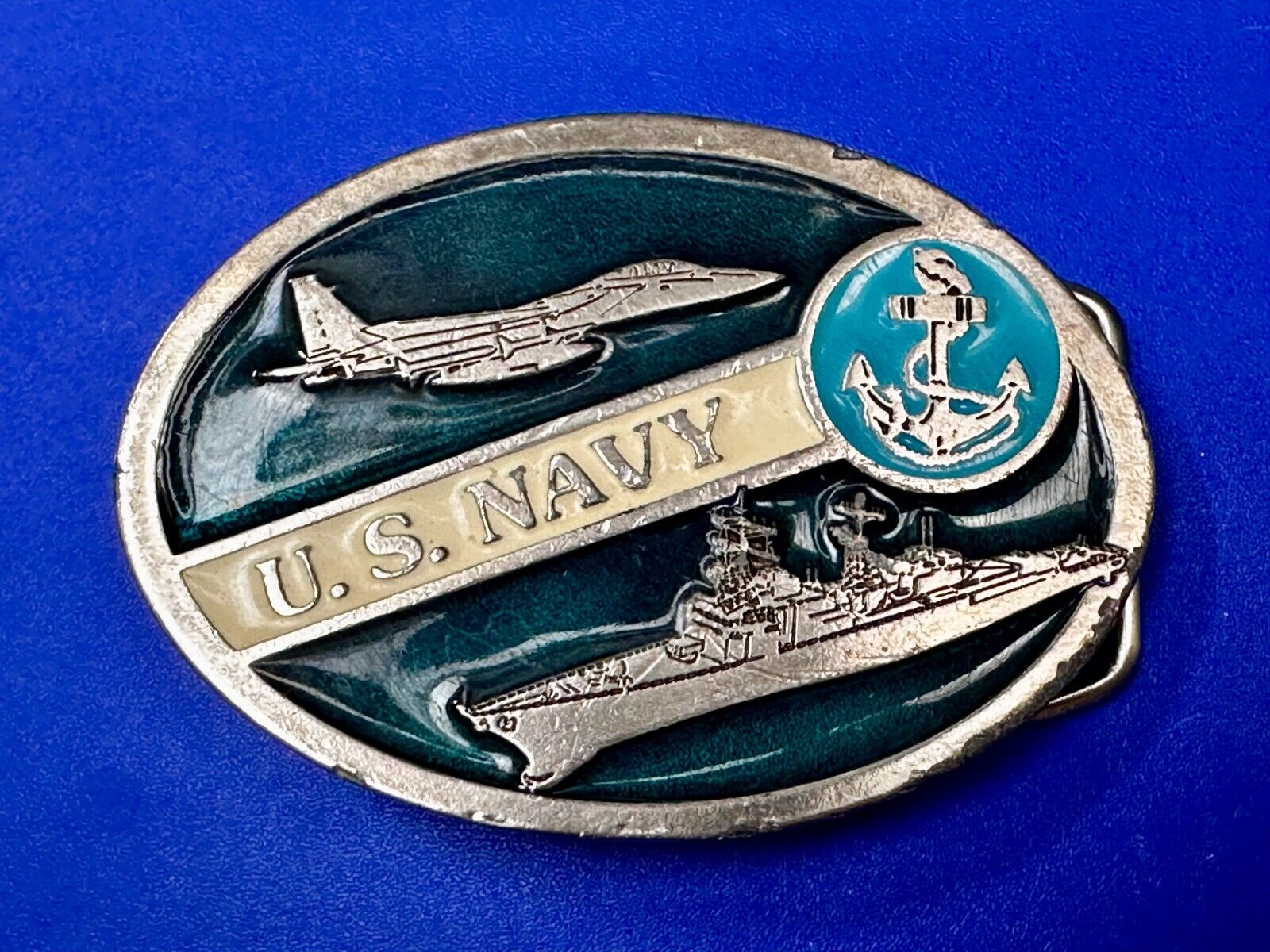 US Navy Fighter Jet Battleship Blue Anchor Vintage 3" Wide Belt Buckle #2260
