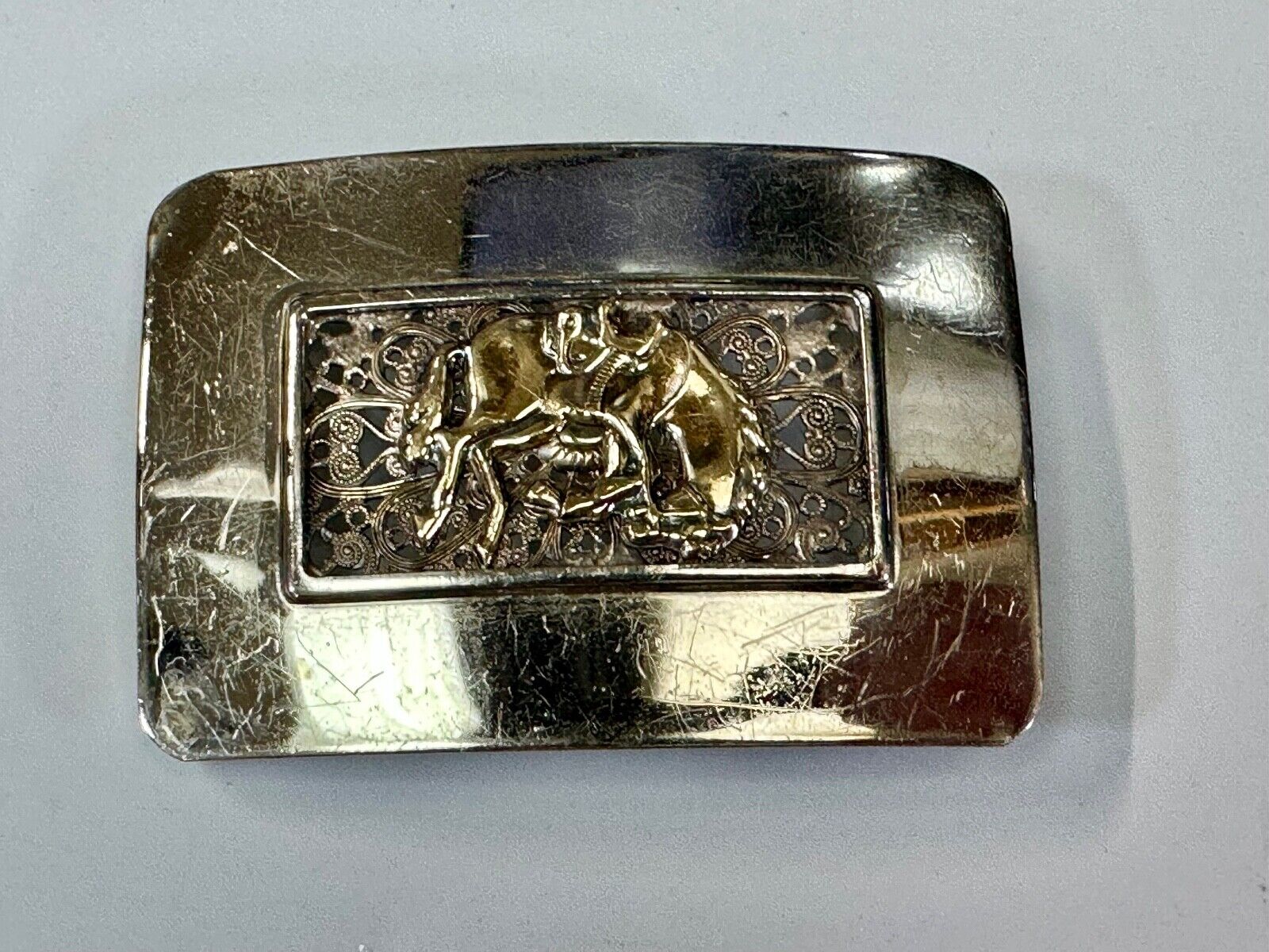 Unique Rodeo Cowboy Horse Saddle Bronc Nickel Silver Mesh Background belt Buckle