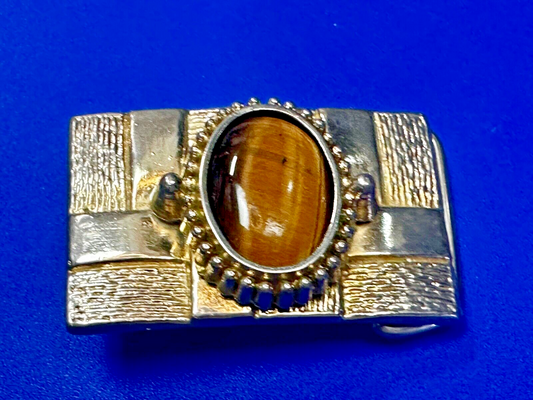 Tigers Eye Cabochon Stone Centerpiece on Western gold tone box theme Belt Buckle