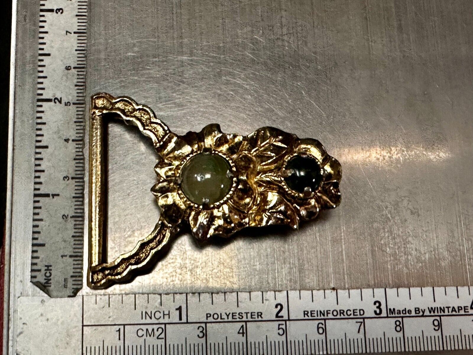 Victorian Style Green Jade? Cabochon Stone On Small Gold Tone Belt Buckle