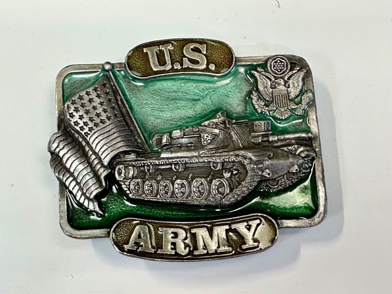 U.S. Army Belt Buckle Tank Flag vintage 1982 Bergamot Brass Works K-32