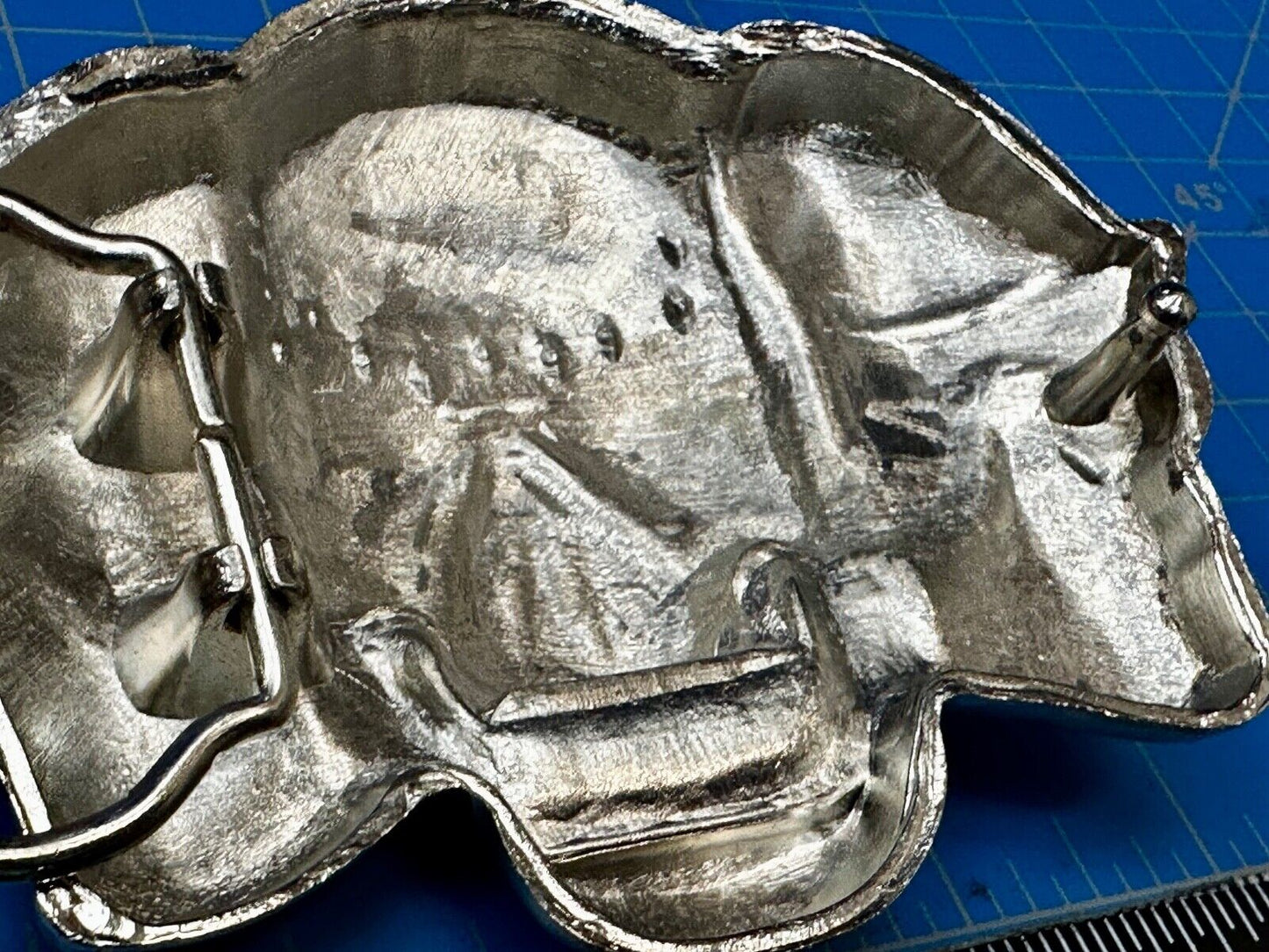 Three Skull's Heads Rhinestone Accented W/ Blue Shades Silver Tone Belt Buckle