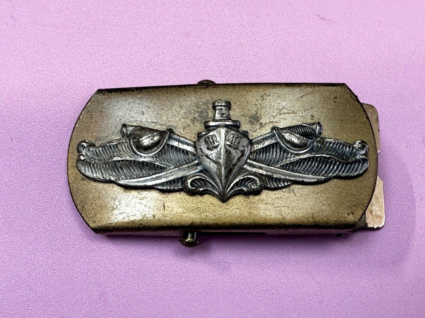 US Navy Air Warfare Specialist Military Silver Brass Tone Vintage Belt Buckle