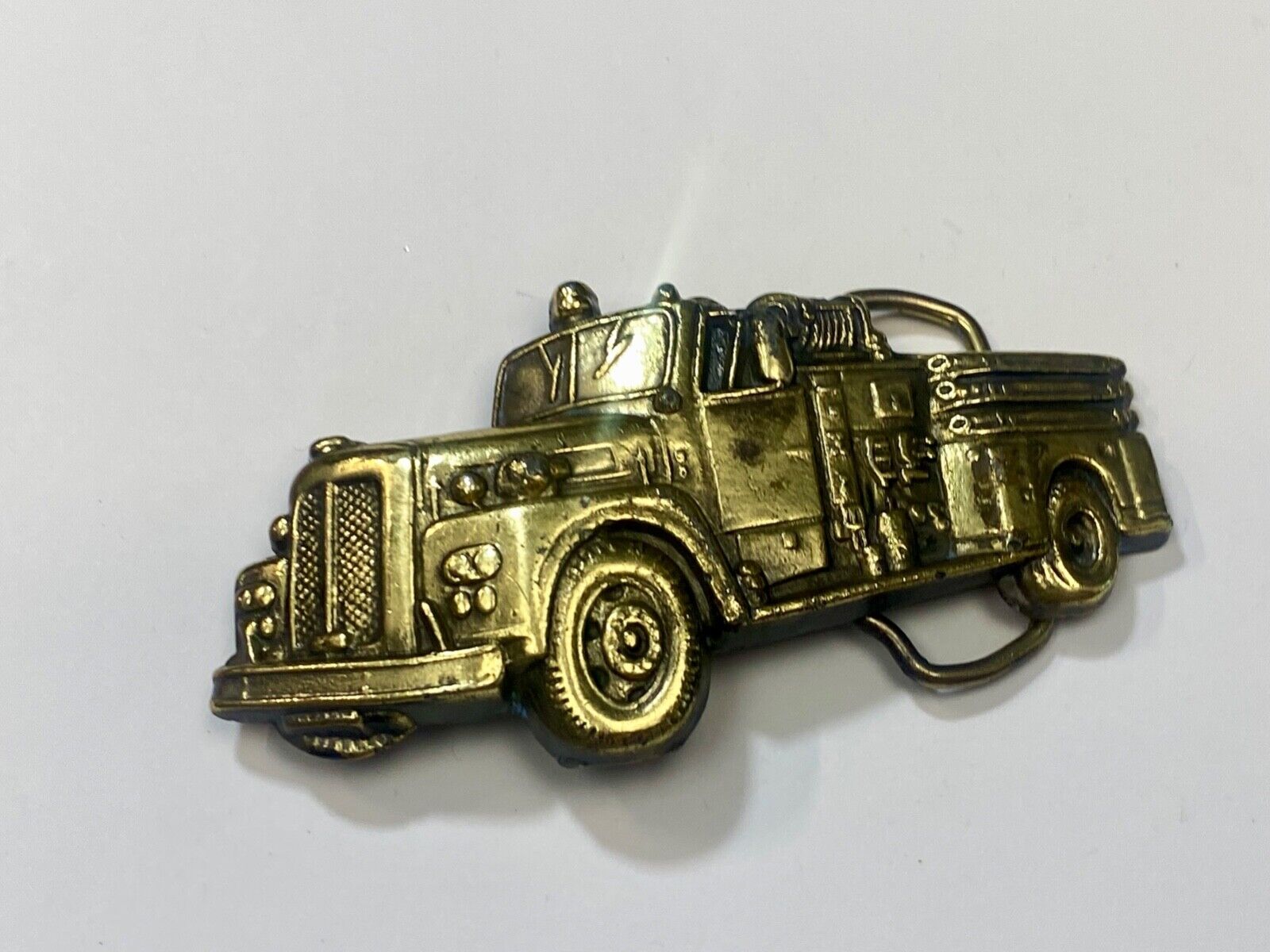 Vintage Figural Fire Truck cut out brass belt buckle