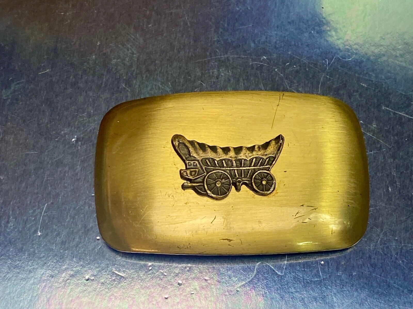 Vintage Covered Wagon Mixed Metal Western Cowboys Belt Buckle By Chambers 