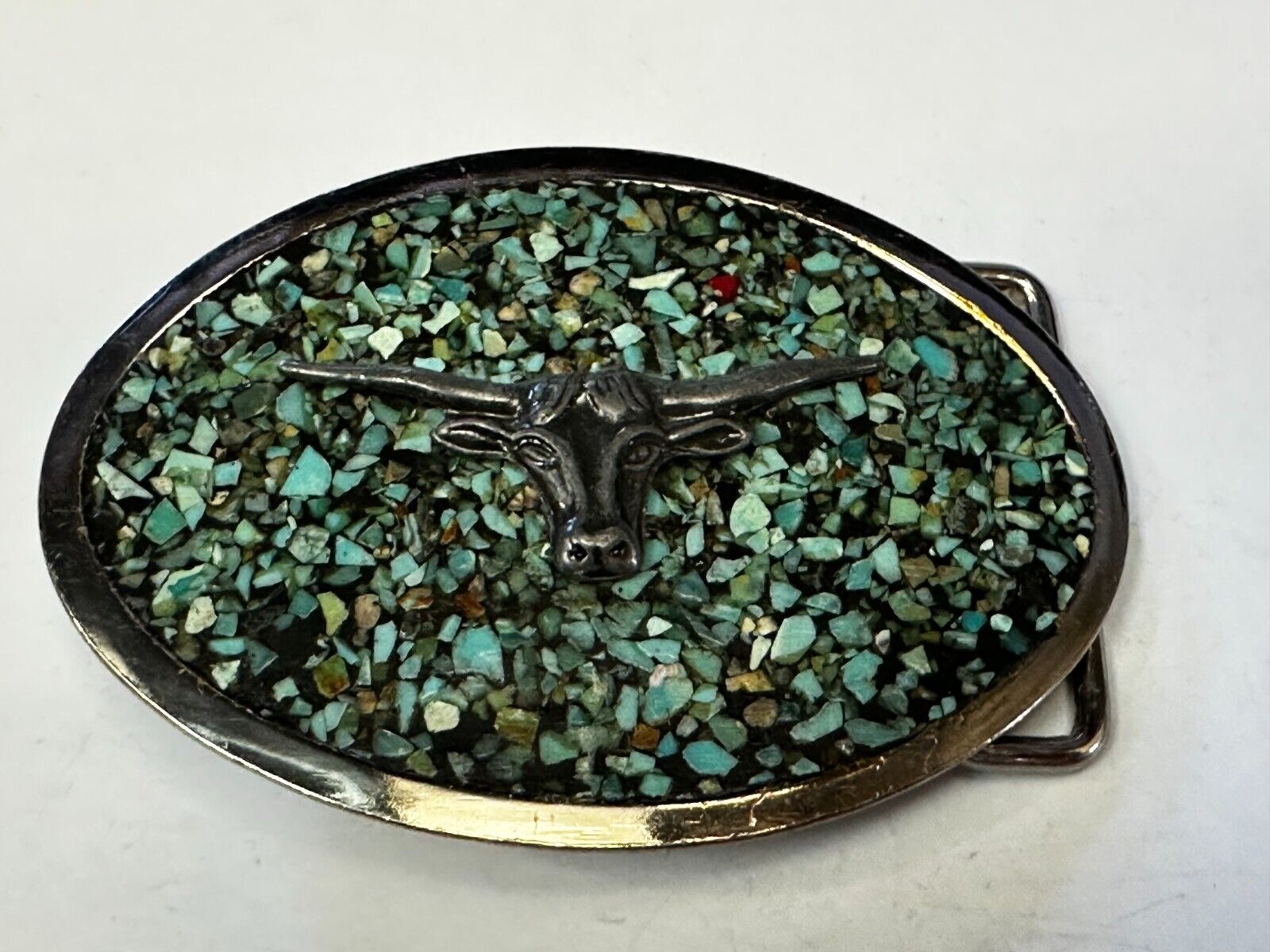 Turquoise chip inlaid Cowboys Cowgirls Longhorn Rodeo Cow Steer Oval Belt Buckle