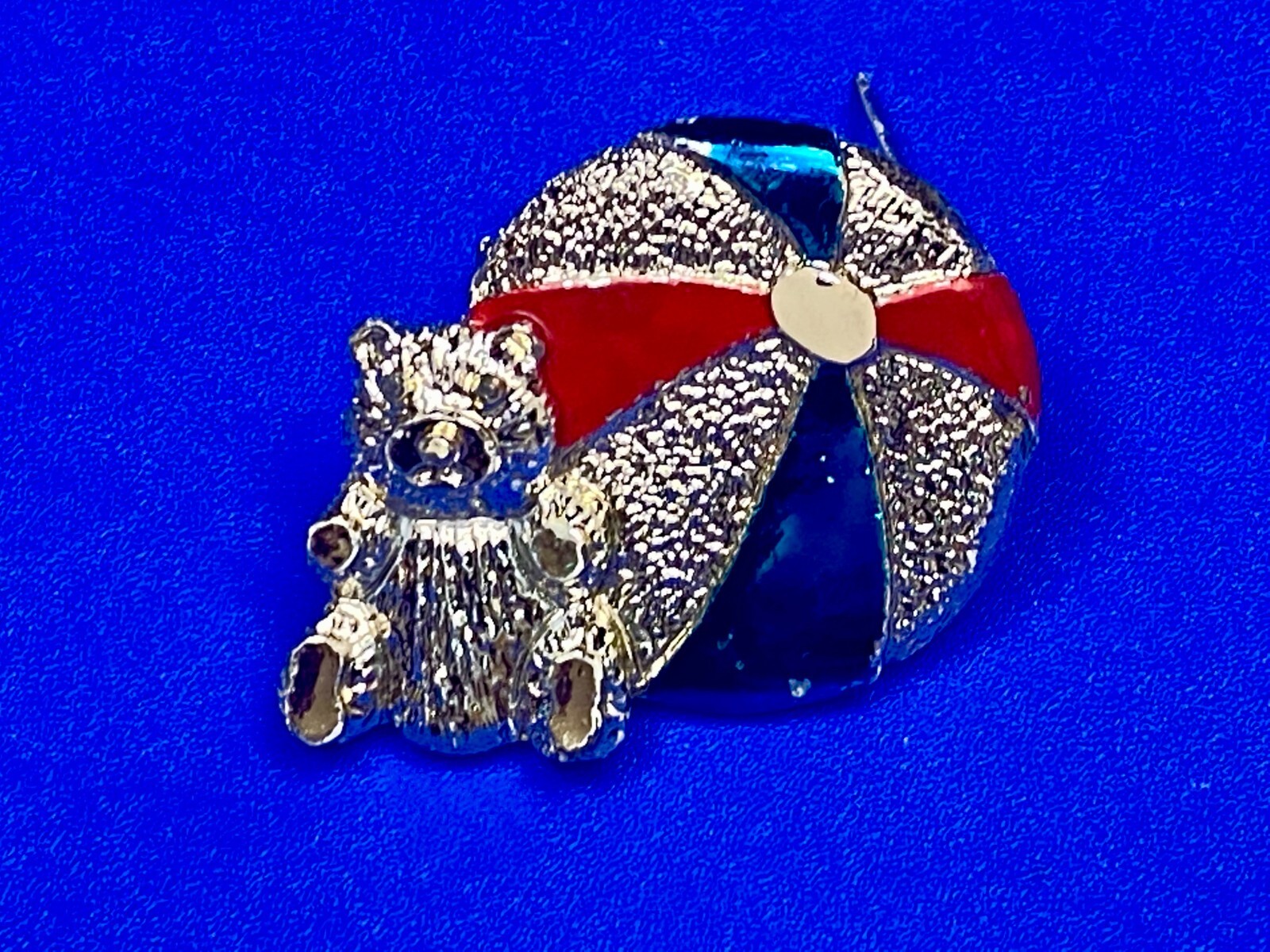 Teddy Bear with Beach Ball Vintage Blue Red Enamel Signed Brooch Pin