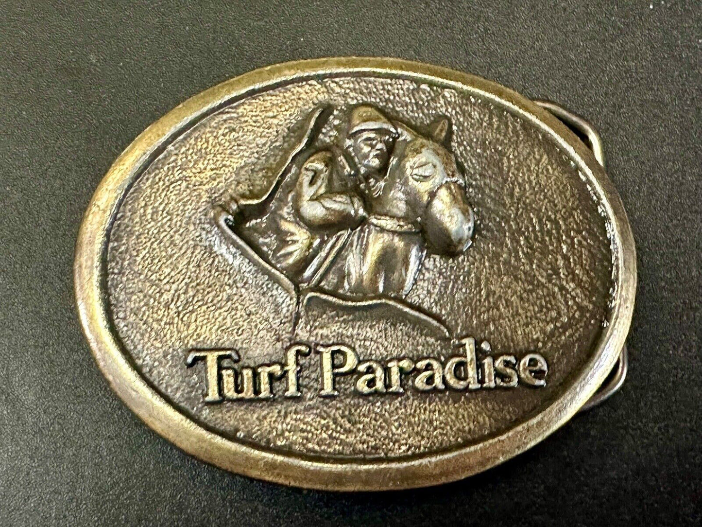 TURF PARADISE ARIZONA HORSE RACING TRACK VINTAGE BRASSTONE BELT BUCKLE
