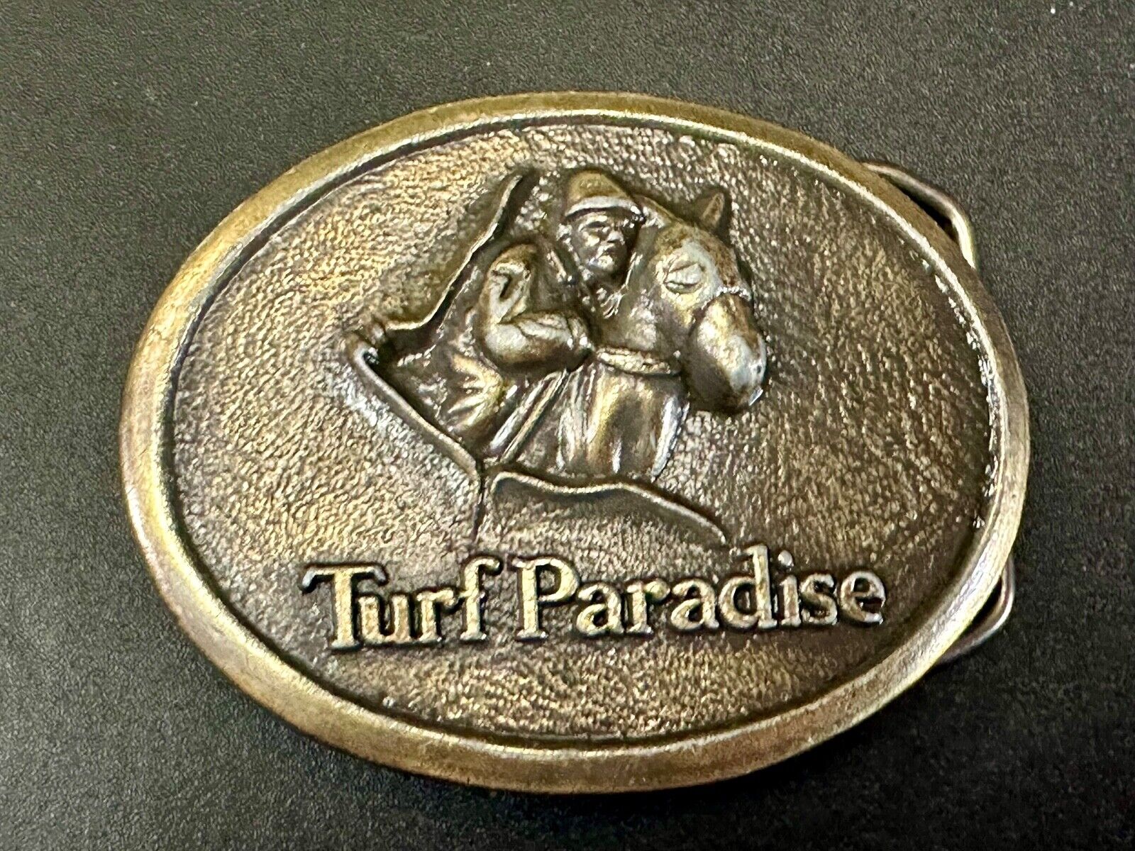 TURF PARADISE ARIZONA HORSE RACING TRACK VINTAGE BRASSTONE BELT BUCKLE