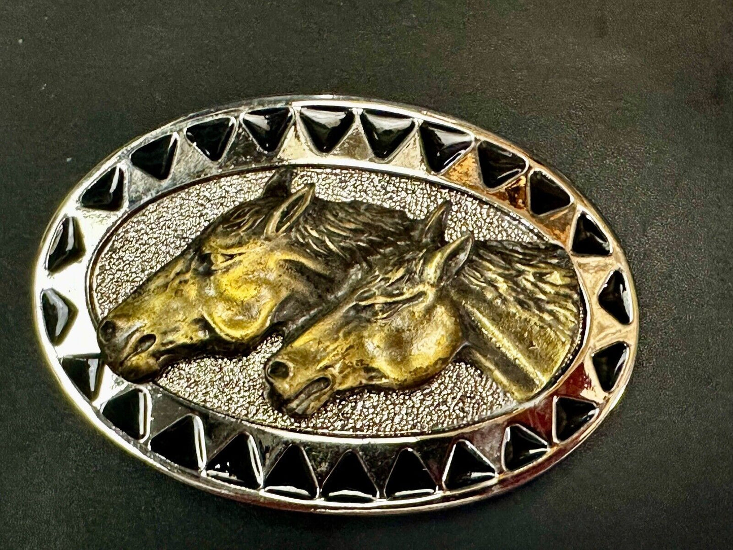 Two Horse Head -  Vintage two tone oval Belt Buckle with black arrow boarder