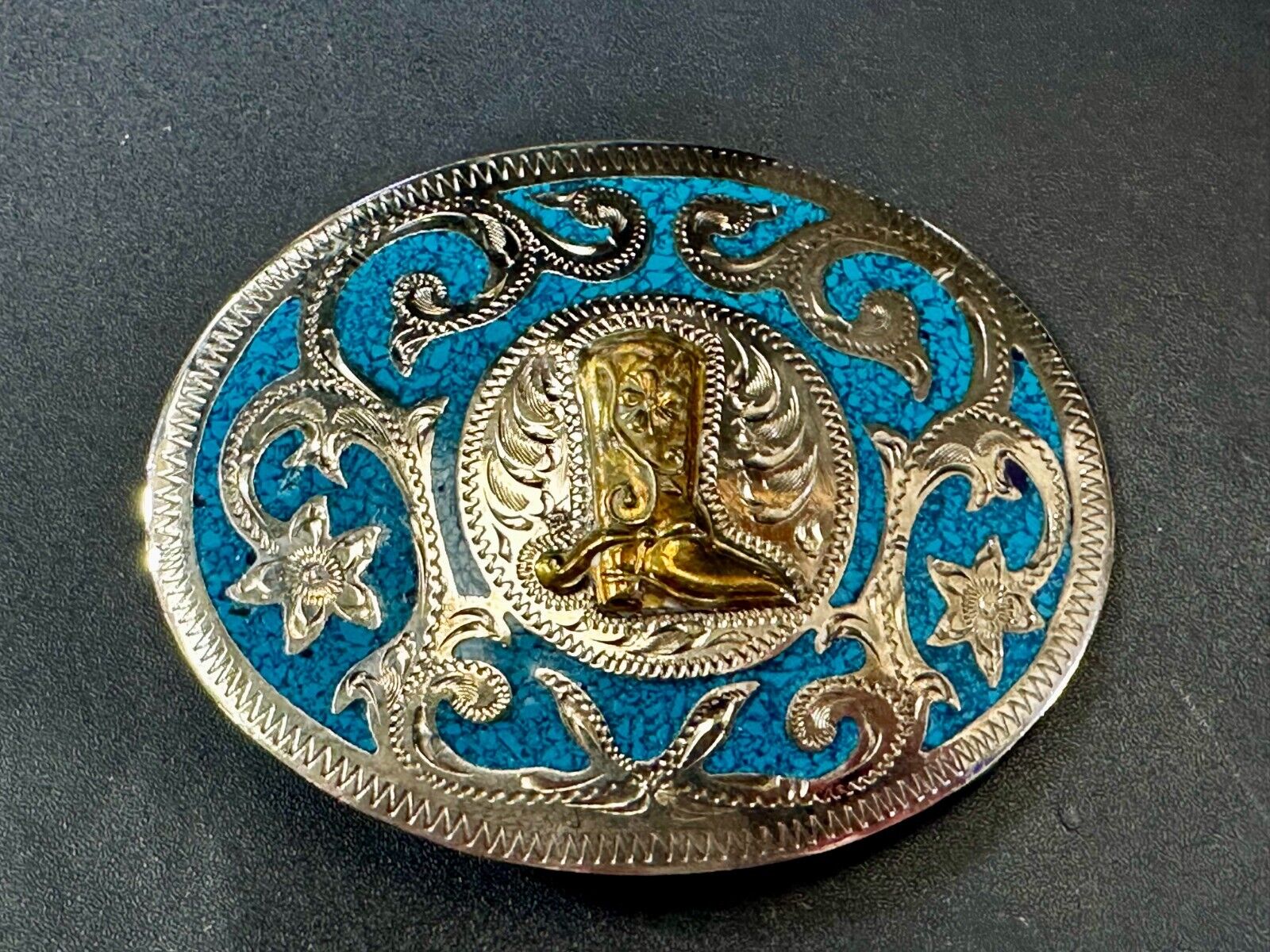 Beautiful Swirl Flower Cowboy Cowgirl Boots Western Ornate Vintage Belt Buckle