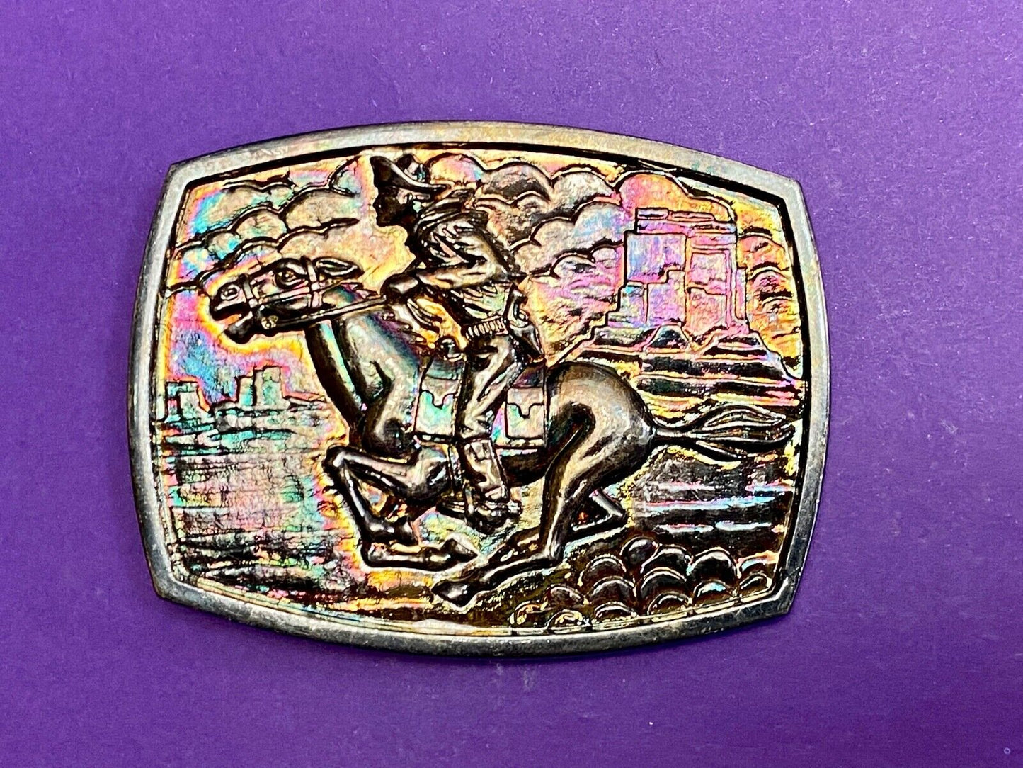 Vintage Horse Back Rider Racing Through Town Western Belt Buckle 
