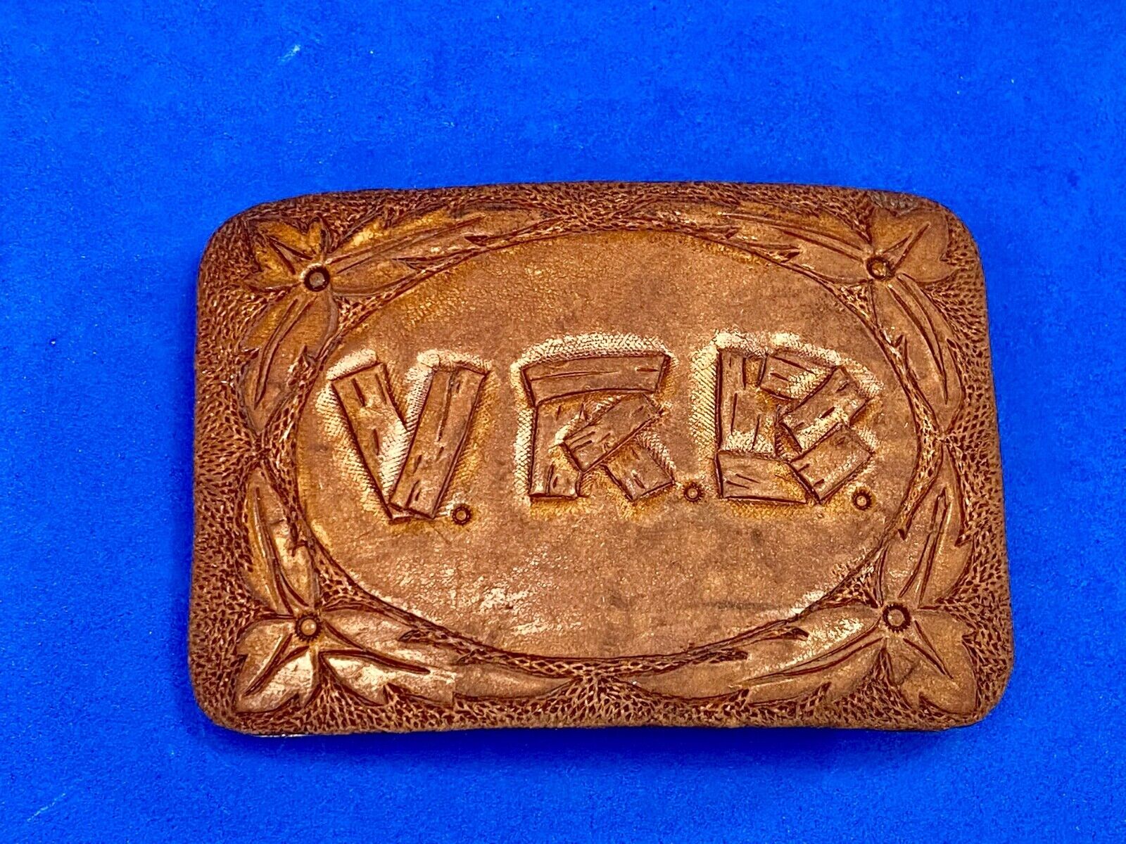 Vintage Initials Letters Vrb Log Style On Leather And Brass Belt Buckle 