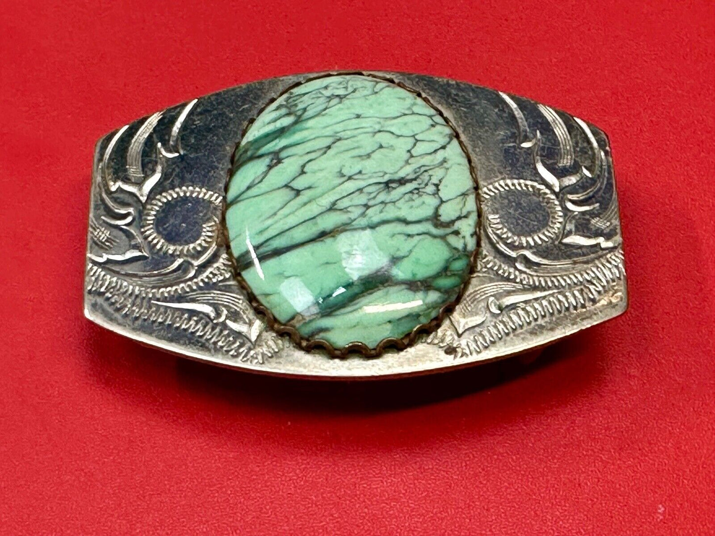 Variscite? Green  Gem Stone Cabochon Centerpiece on Nickel Silver Belt Buckle