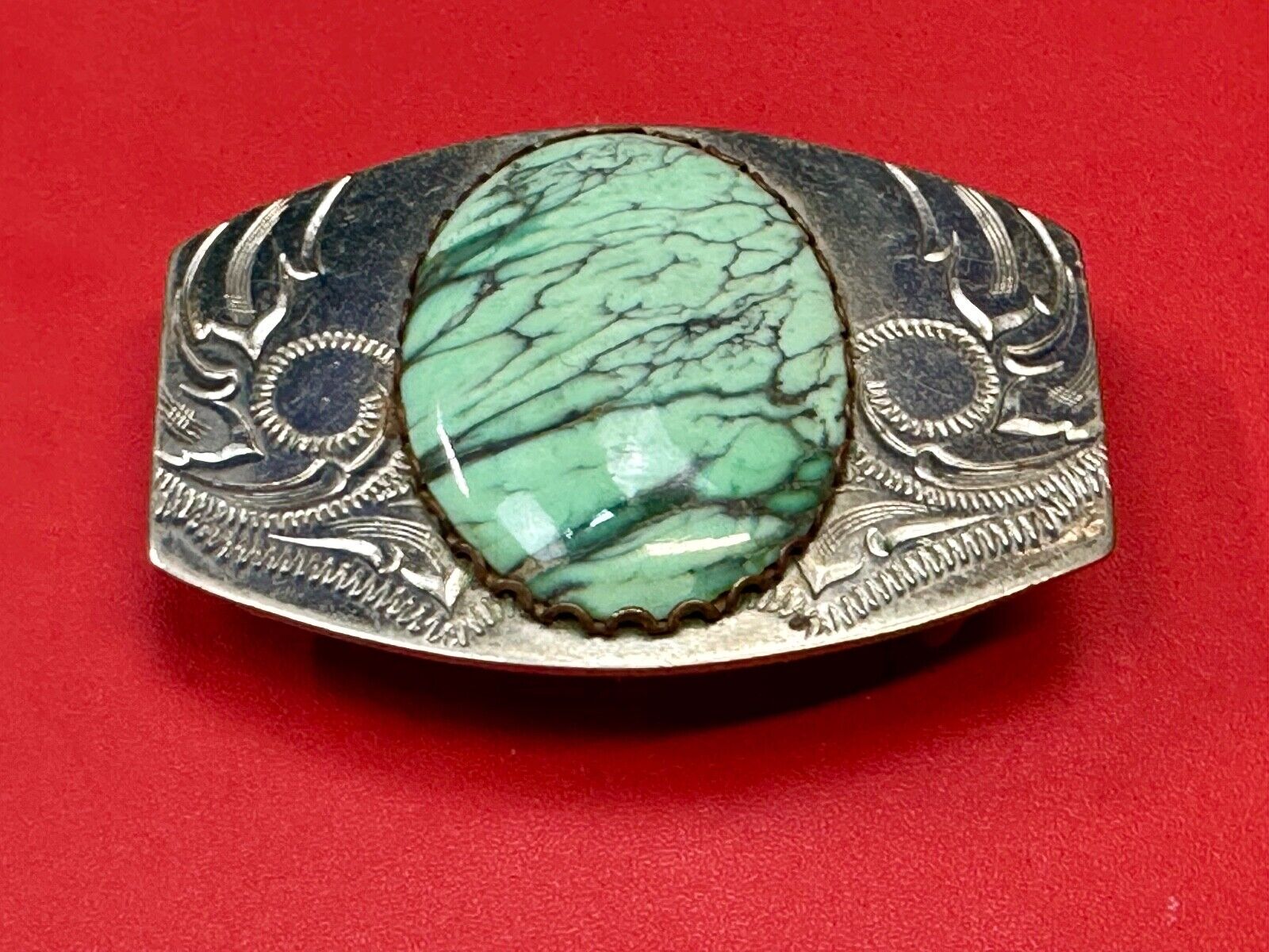 Variscite? Green  Gem Stone Cabochon Centerpiece on Nickel Silver Belt Buckle