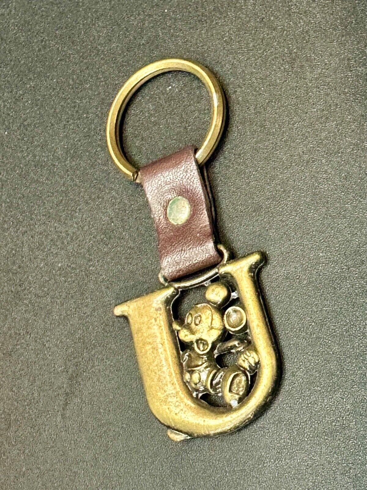 VINTAGE LETTER INITIAL U MICKEY MOUSE DISNEY KEYCHAIN BRASS and LEATHER FOB