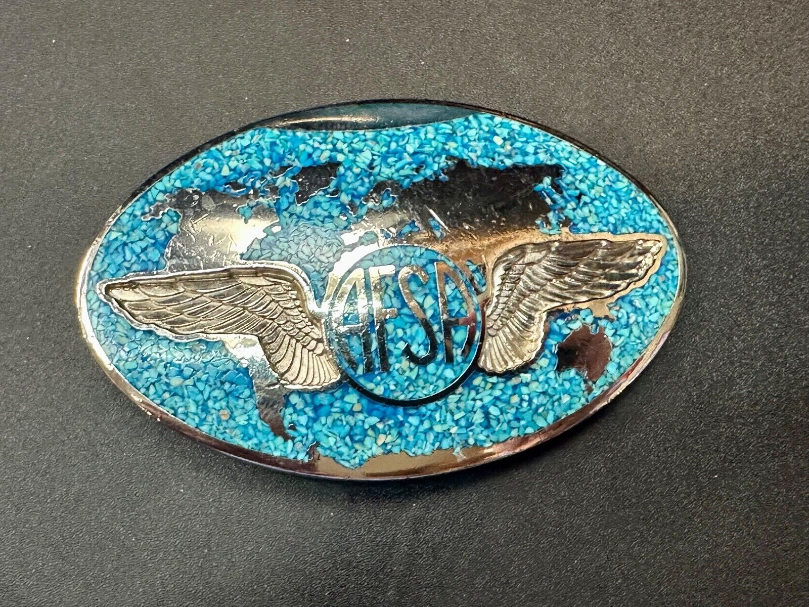 Air Force Sergeants Association AFSA Turquoise Chip inlaid oval belt buckle