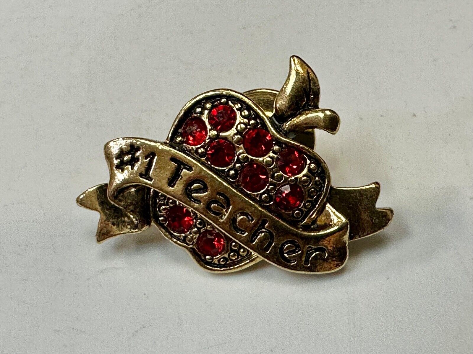 Apple Brooch Pin #1 Teacher Red Rhinestone Avon signed gold tone brooch