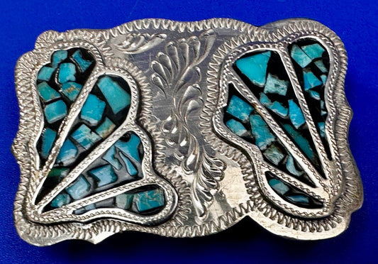 Turquoise Coral Stone Chip Inlay Hand Made Wil-Aren Western Jewelry Belt Buckle